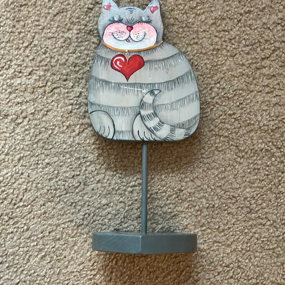 Hand painted gray cat on stand made from wood
